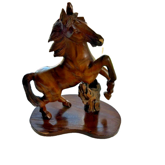 Hand Carved Rearing Stallion Sculpture Solid Wood 18” - Picture 1 of 15